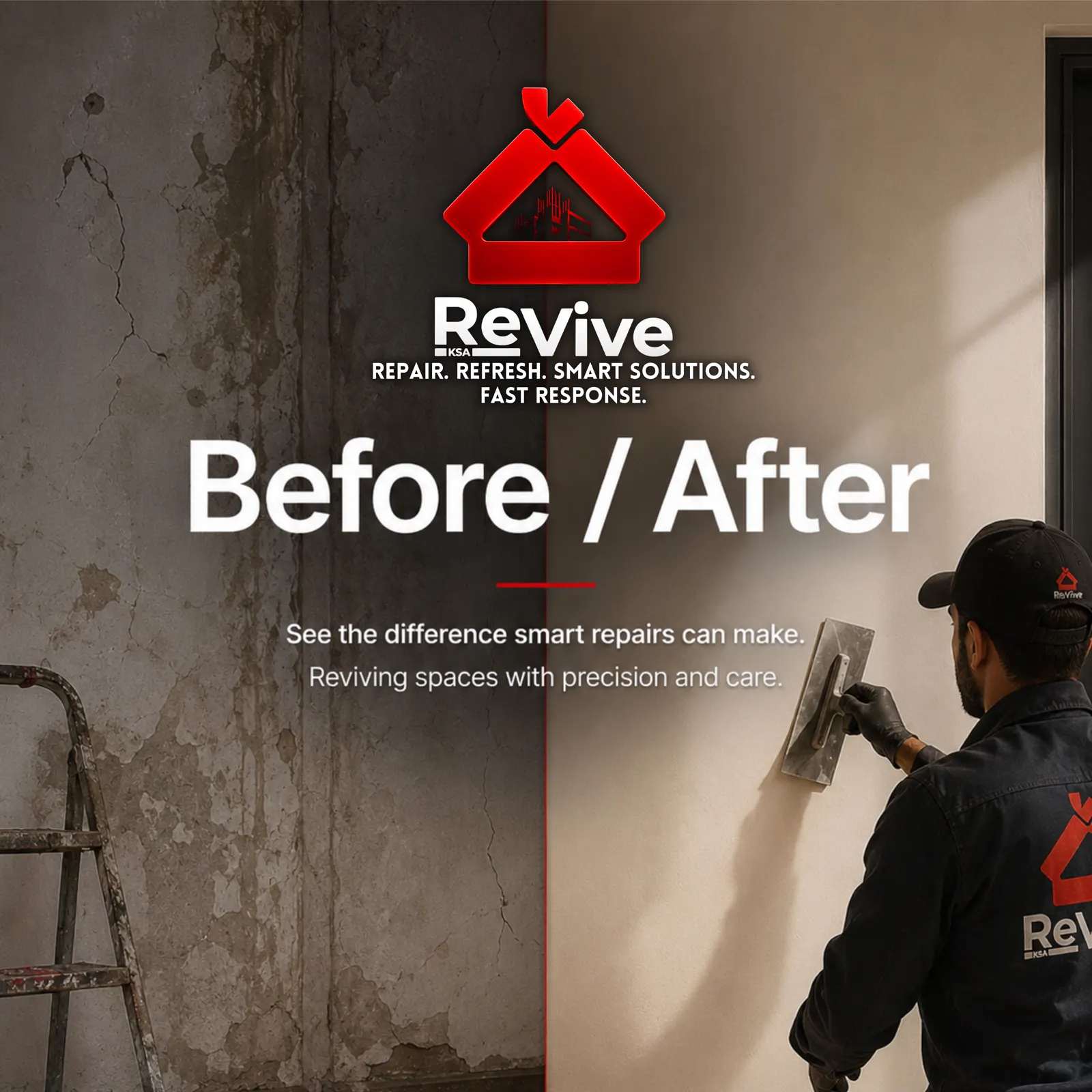 Before and after example of a ReVive wall repair