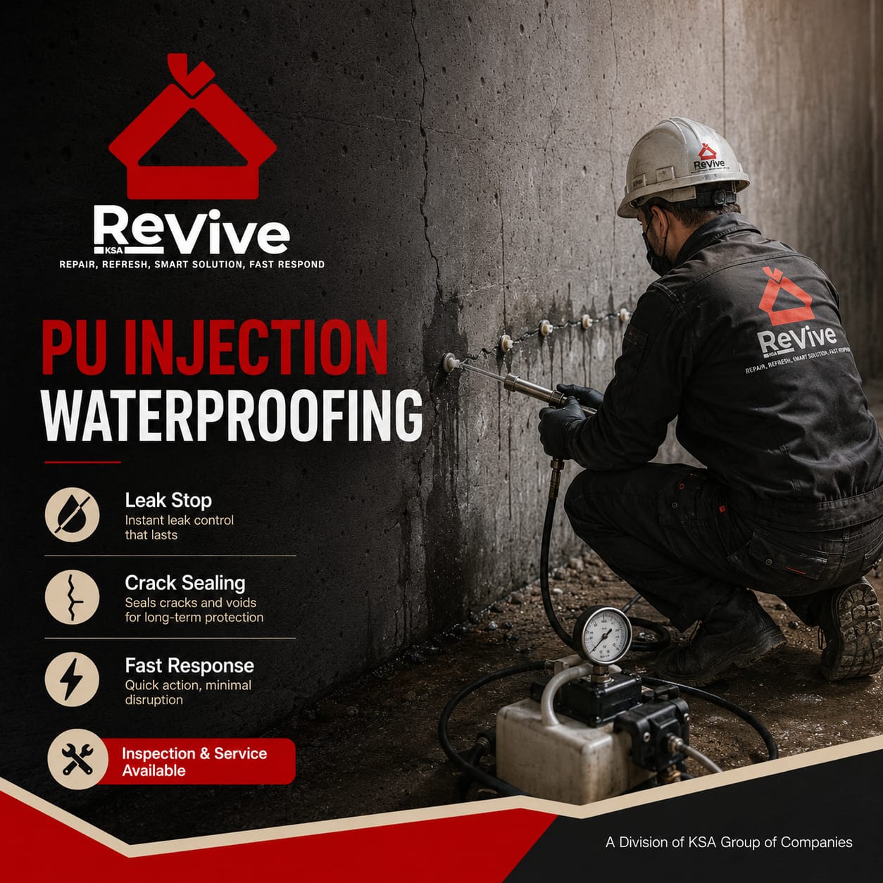 ReVive technician performing PU injection waterproofing